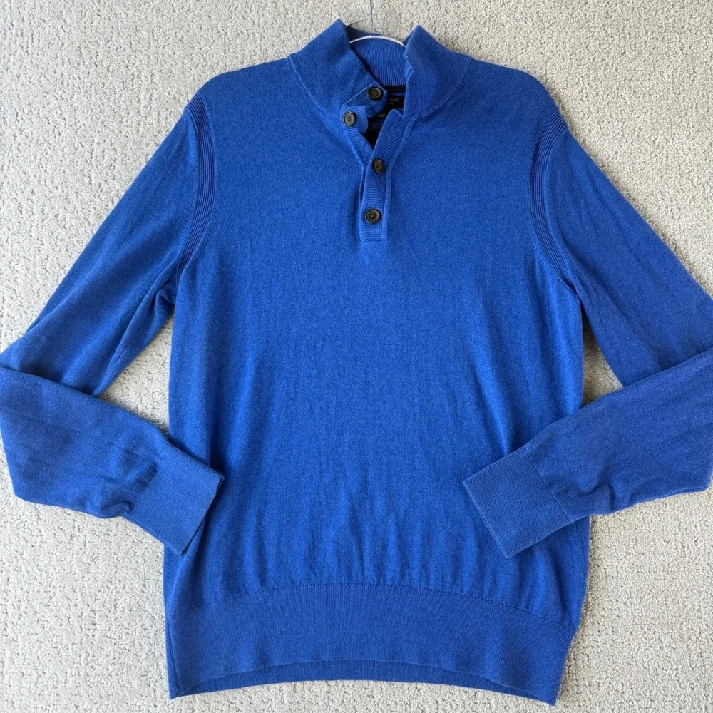 Banana Republic Sweater Mens‎ M Blue Cotton Cashmere Mock Neck Button Pullover